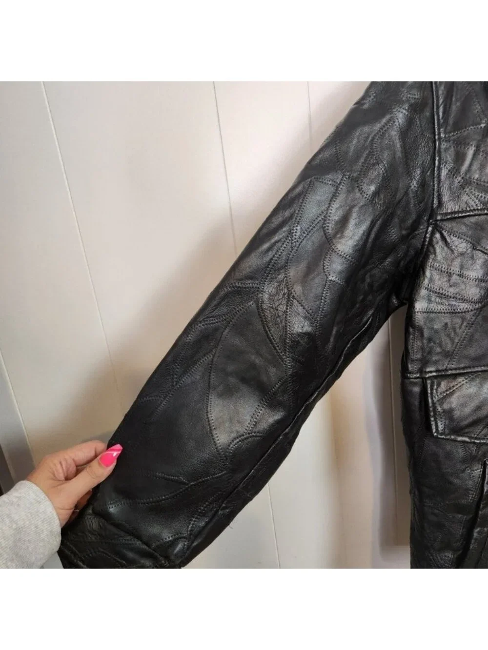 Vintage Maxam Leather Jacket 1990s Italian Mosaic Patchwork Black Zip Medium